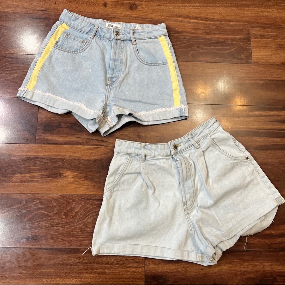 Stylish Light Blue Denim Shorts with Yellow Accents